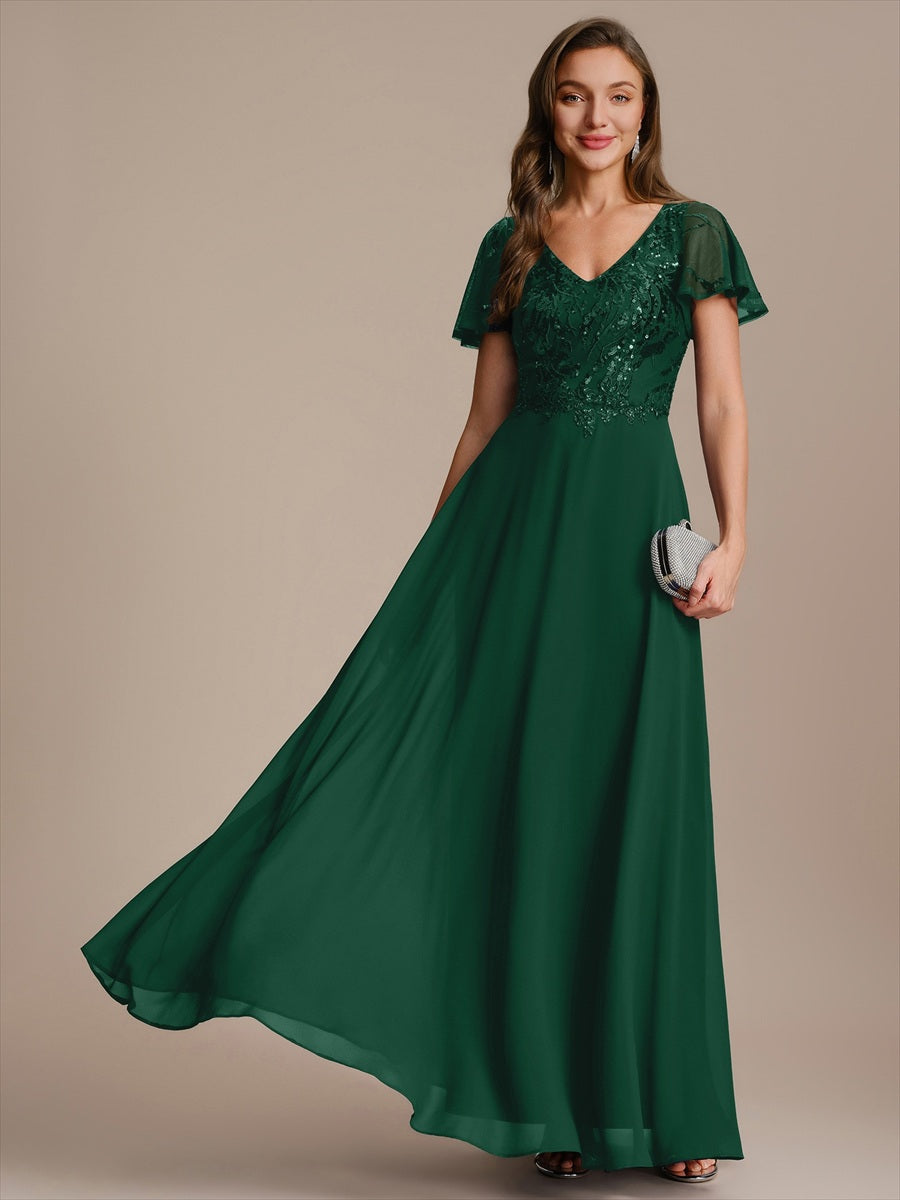 Color=Dark Green | B2B-Exclusive Short Sleeve Ruffle A-Line Maxi Dress with Deep V-Neck Appliques; Mother of the Bride Dresses-Dark Green 1