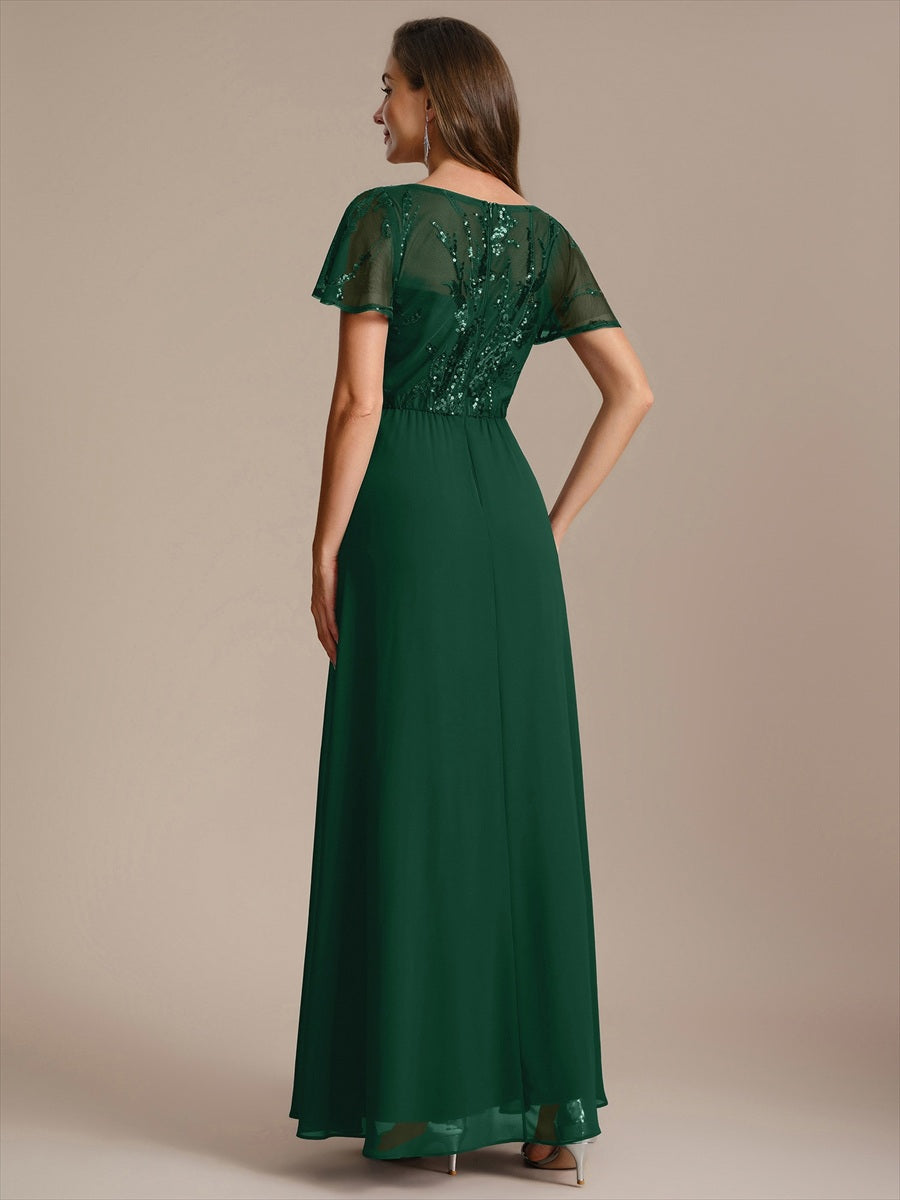 Color=Dark Green | B2B-Exclusive Short Sleeve Ruffle A-Line Maxi Dress with Deep V-Neck Appliques; Mother of the Bride Dresses-Dark Green 2