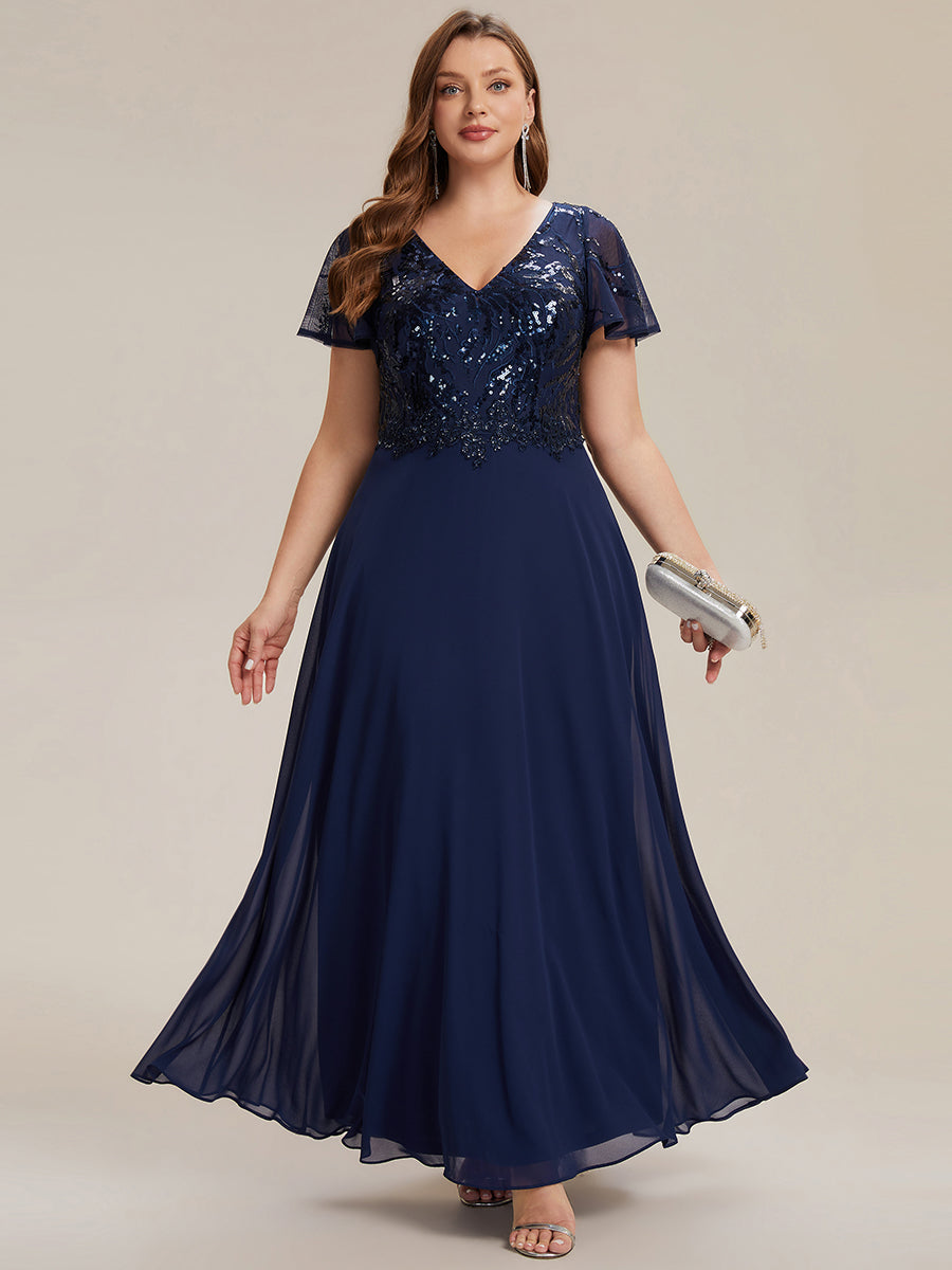 Color=Navy Blue | B2B-Exclusive Short Sleeve Ruffle A-Line Maxi Dress with Deep V-Neck Appliques; Mother of the Bride Dresses-Navy Blue 26