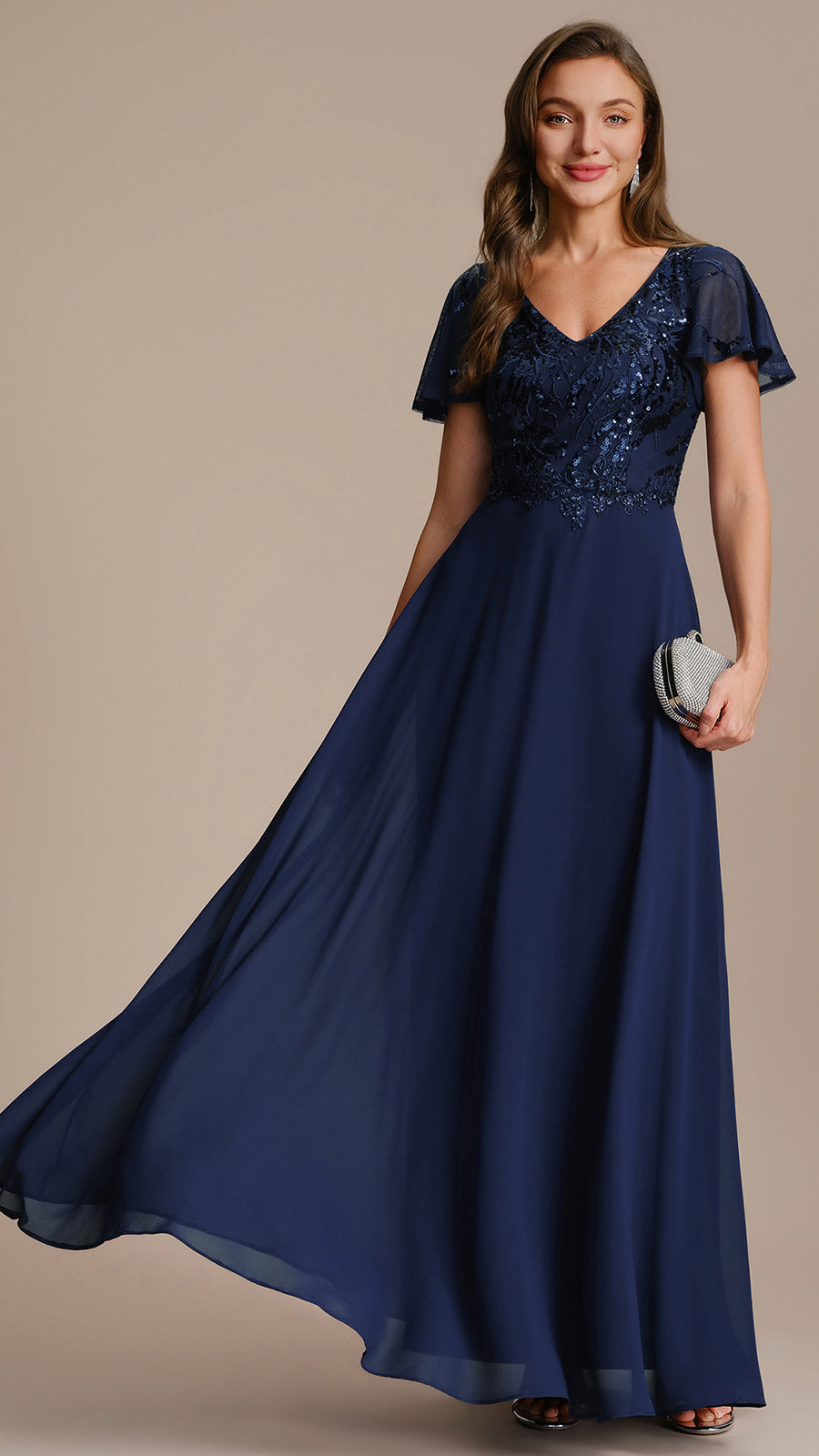 Color=Navy Blue | B2B-Exclusive Short Sleeve Ruffle A-Line Maxi Dress with Deep V-Neck Appliques; Mother of the Bride Dresses-Navy Blue 21