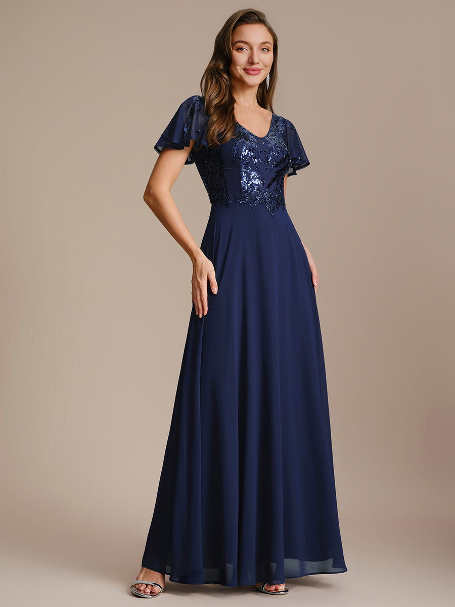 Color=Navy Blue | B2B-Exclusive Short Sleeve Ruffle A-Line Maxi Dress with Deep V-Neck Appliques; Mother of the Bride Dresses-Navy Blue 25