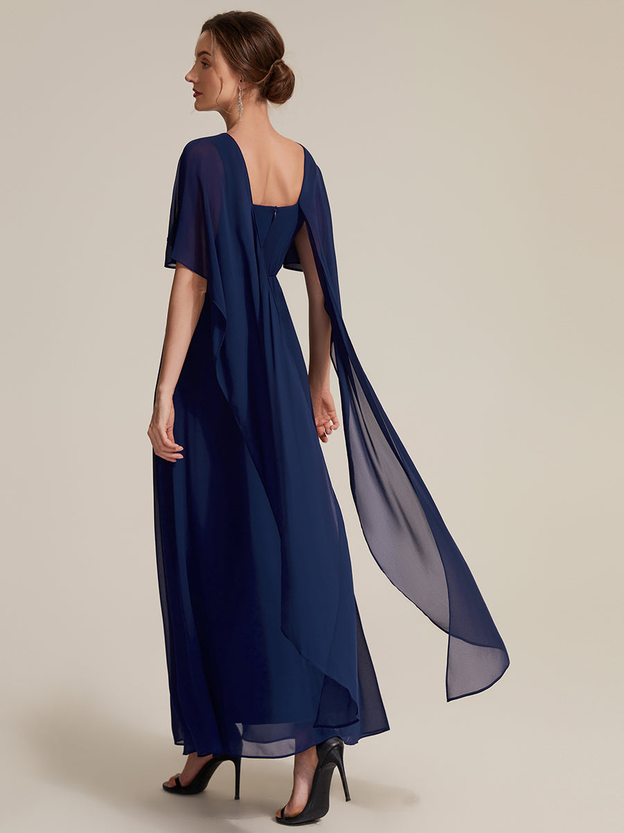 Color=Navy Blue | Chiffon Cape Sleeve A-Line Mother of the Bride Dress | Mother of the Bride Dresses-Navy Blue 2