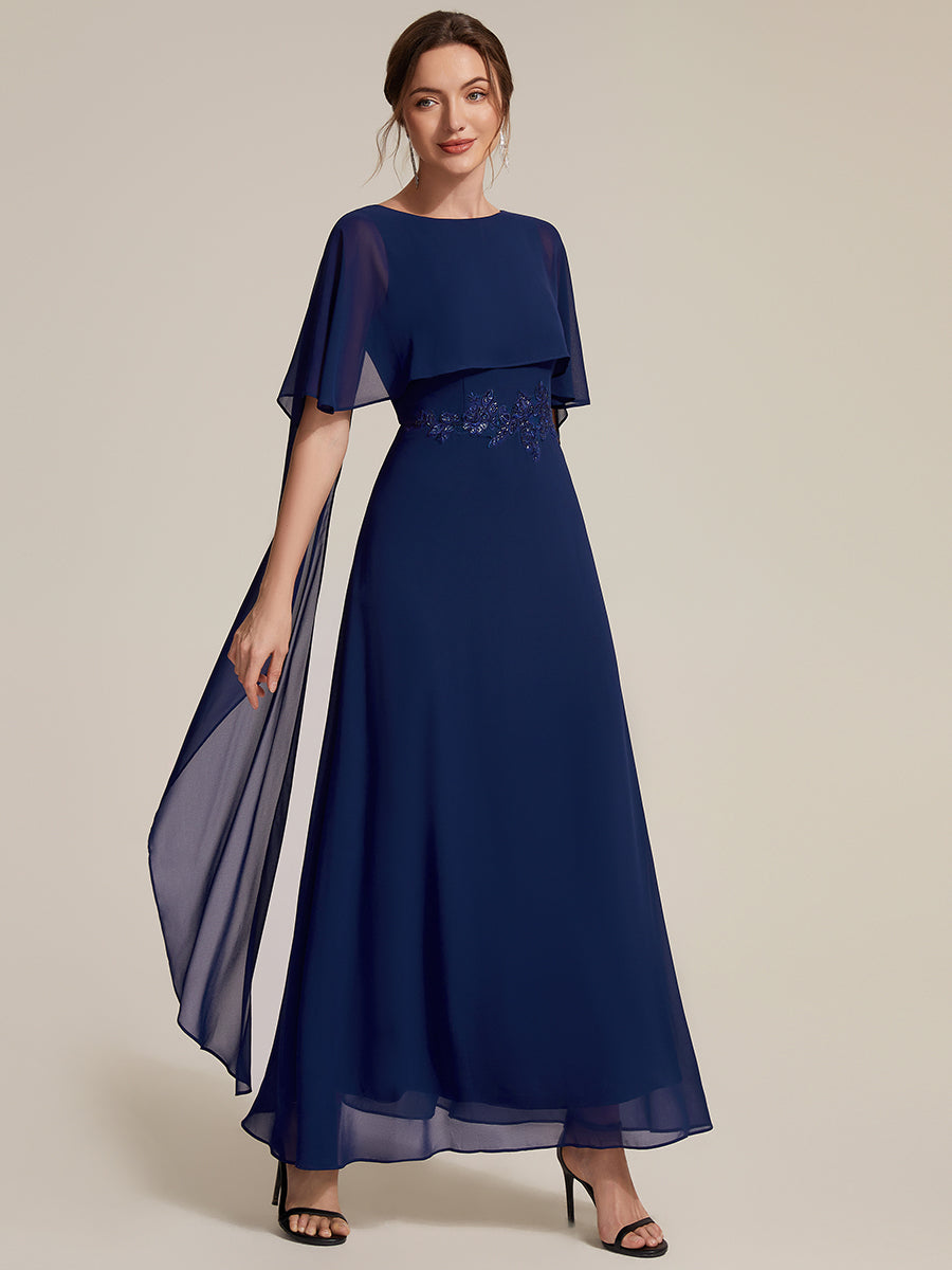 Color=Navy Blue | Chiffon Cape Sleeve A-Line Mother of the Bride Dress | Mother of the Bride Dresses-Navy Blue 4
