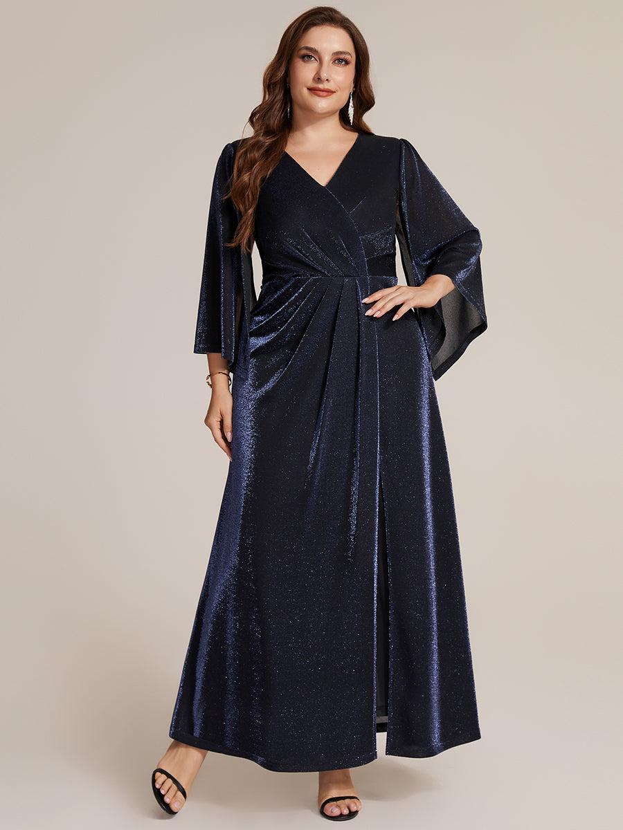 Color=Navy Blue | Factory Design Three-Quarter Sleeve High Stretch Sheath Maxi Dress with 3D Draping; Mother of the Bride Dresses-Navy Blue 10