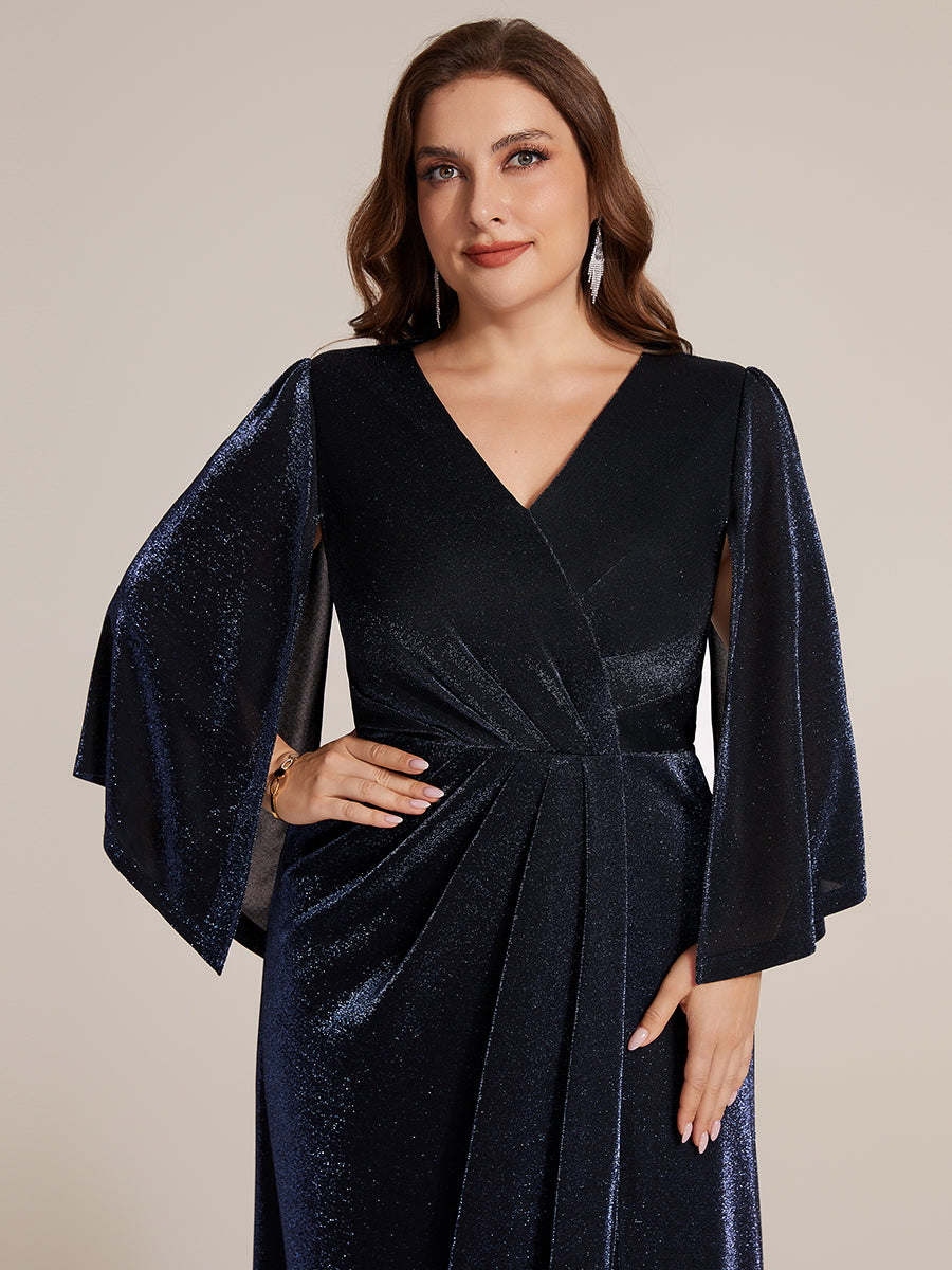 Color=Navy Blue | Factory Design Three-Quarter Sleeve High Stretch Sheath Maxi Dress with 3D Draping; Mother of the Bride Dresses-Navy Blue 8