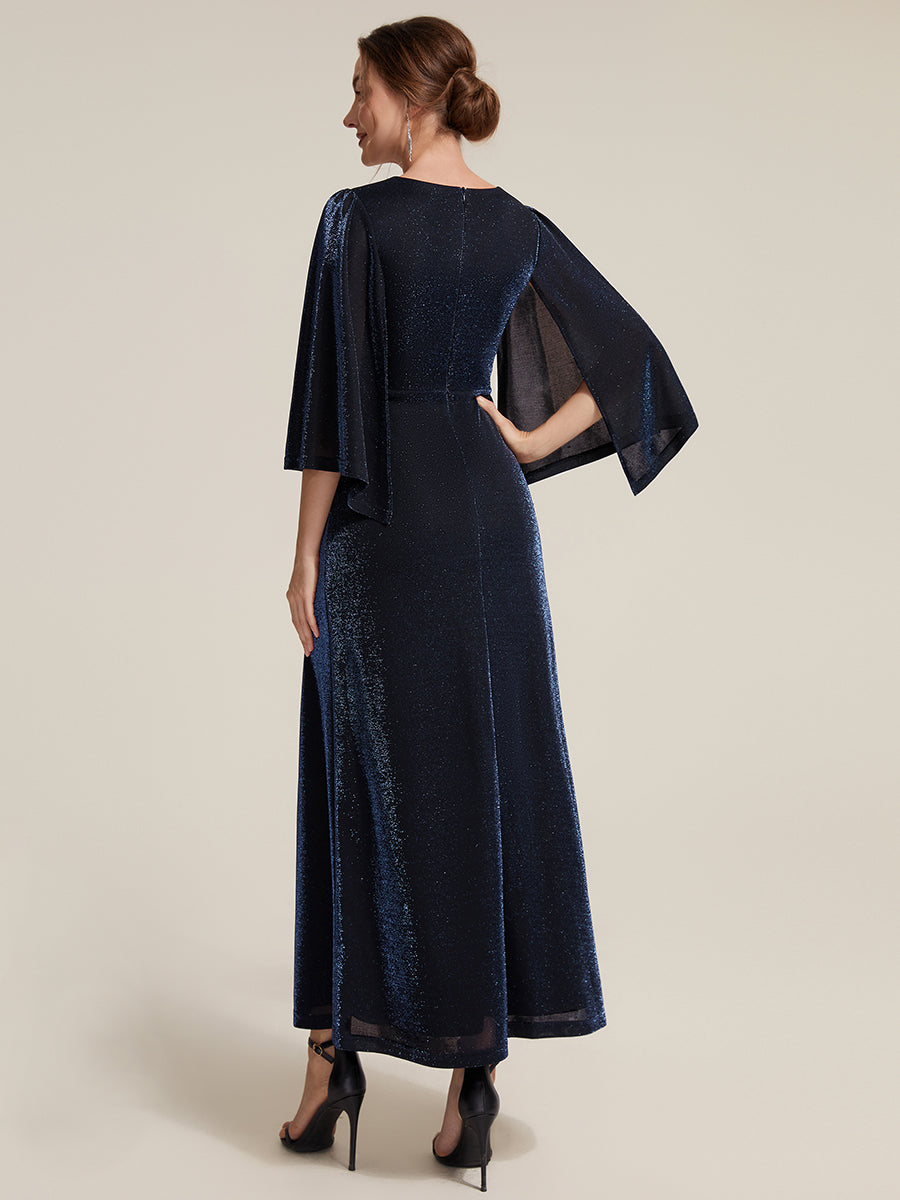 Color=Navy Blue | Factory Design Three-Quarter Sleeve High Stretch Sheath Maxi Dress with 3D Draping; Mother of the Bride Dresses-Navy Blue 2