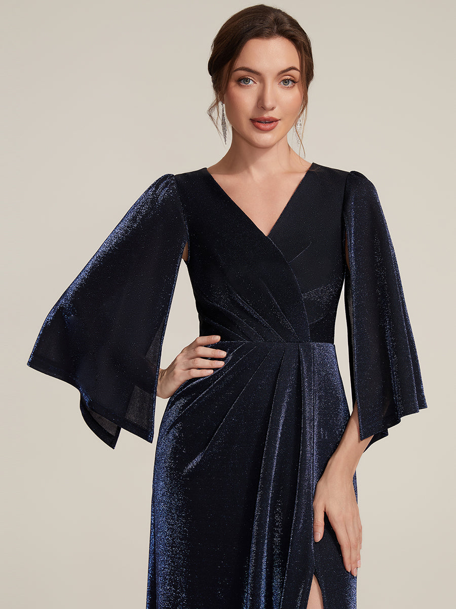 Color=Navy Blue | Factory Design Three-Quarter Sleeve High Stretch Sheath Maxi Dress with 3D Draping; Mother of the Bride Dresses-Navy Blue 3