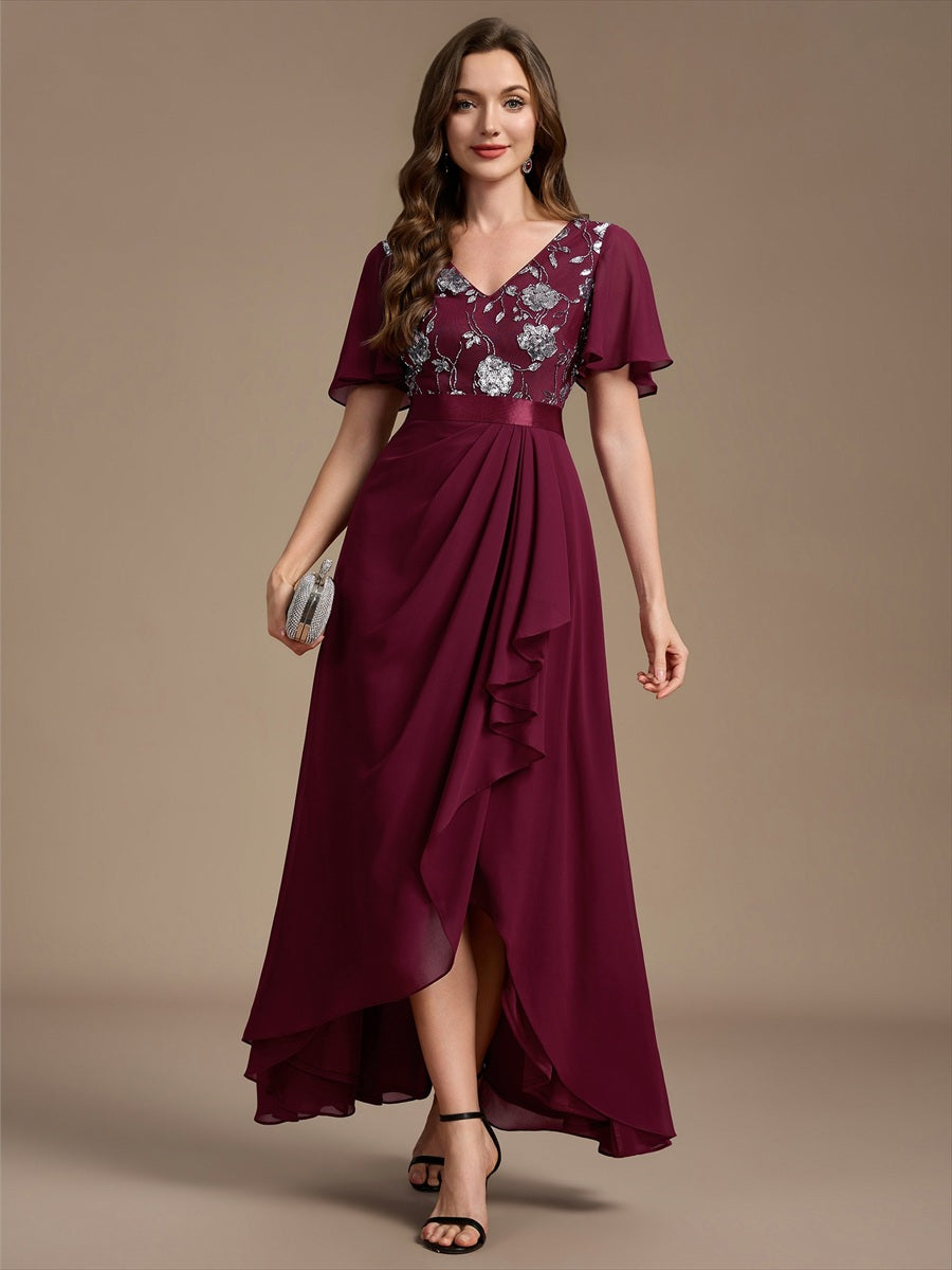 Color=Burgundy | Sequined Ruffle Sleeve Chiffon Mother of the Bride Dress-Burgundy 1
