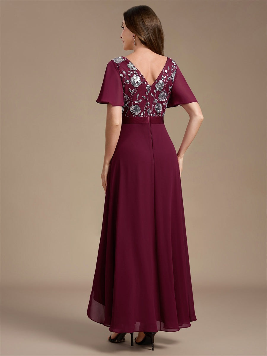 Color=Burgundy | Sequined Ruffle Sleeve Chiffon Mother of the Bride Dress-Burgundy 2