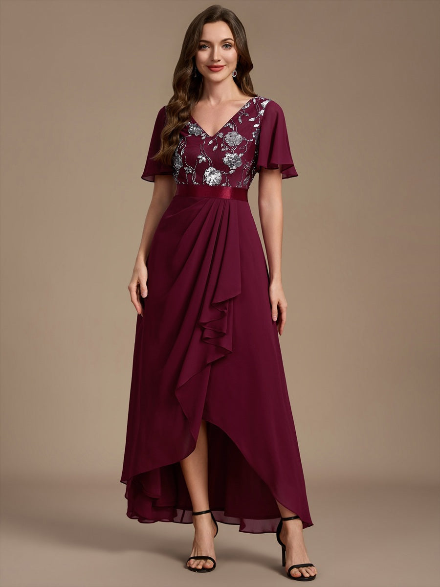 Color=Burgundy | Sequined Ruffle Sleeve Chiffon Mother of the Bride Dress-Burgundy 4