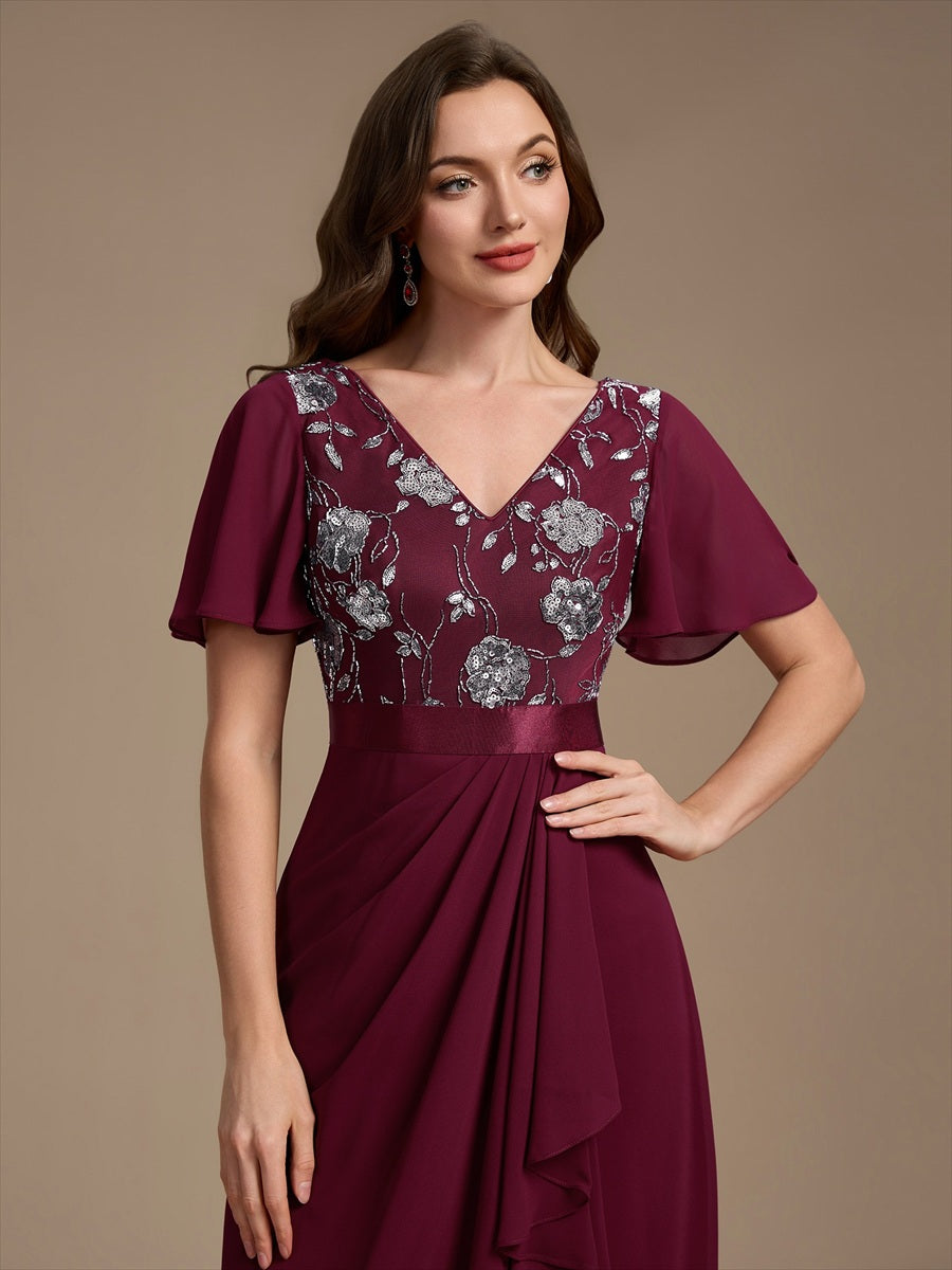 Color=Burgundy | Sequined Ruffle Sleeve Chiffon Mother of the Bride Dress-Burgundy 5
