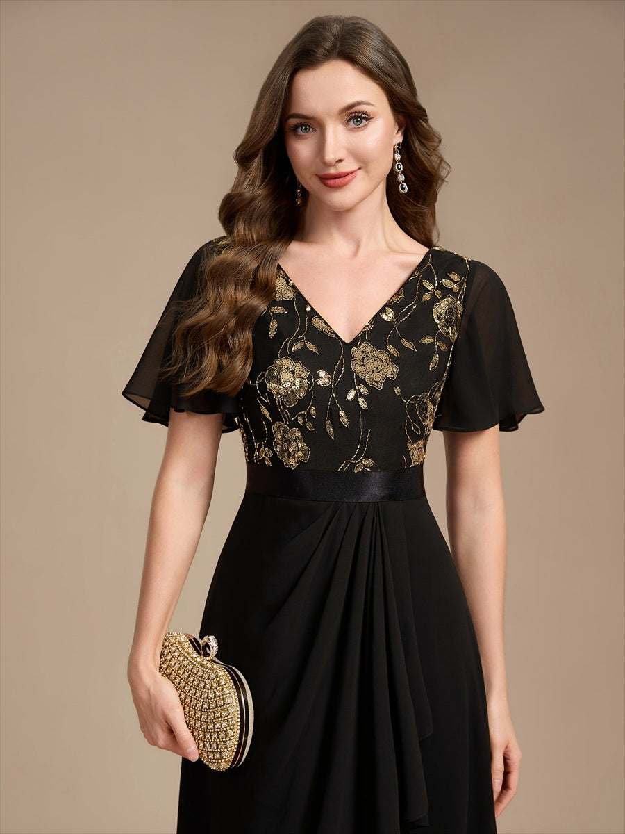 Color=Black Gold | Sequined Ruffle Sleeve Chiffon Mother of the Bride Dress-Black Gold 5