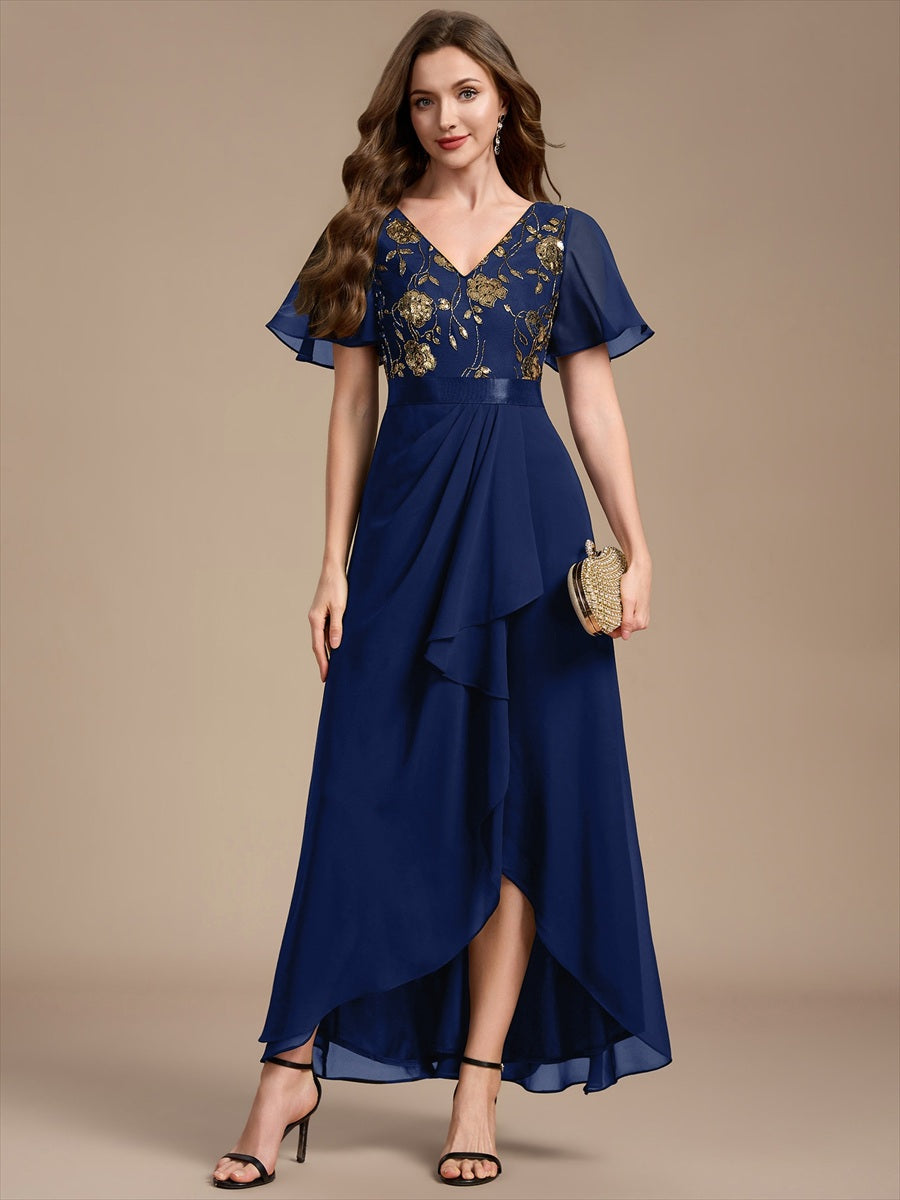 Color=Navy Blue | Sequined Ruffle Sleeve Chiffon Mother of the Bride Dress-Navy Blue 1