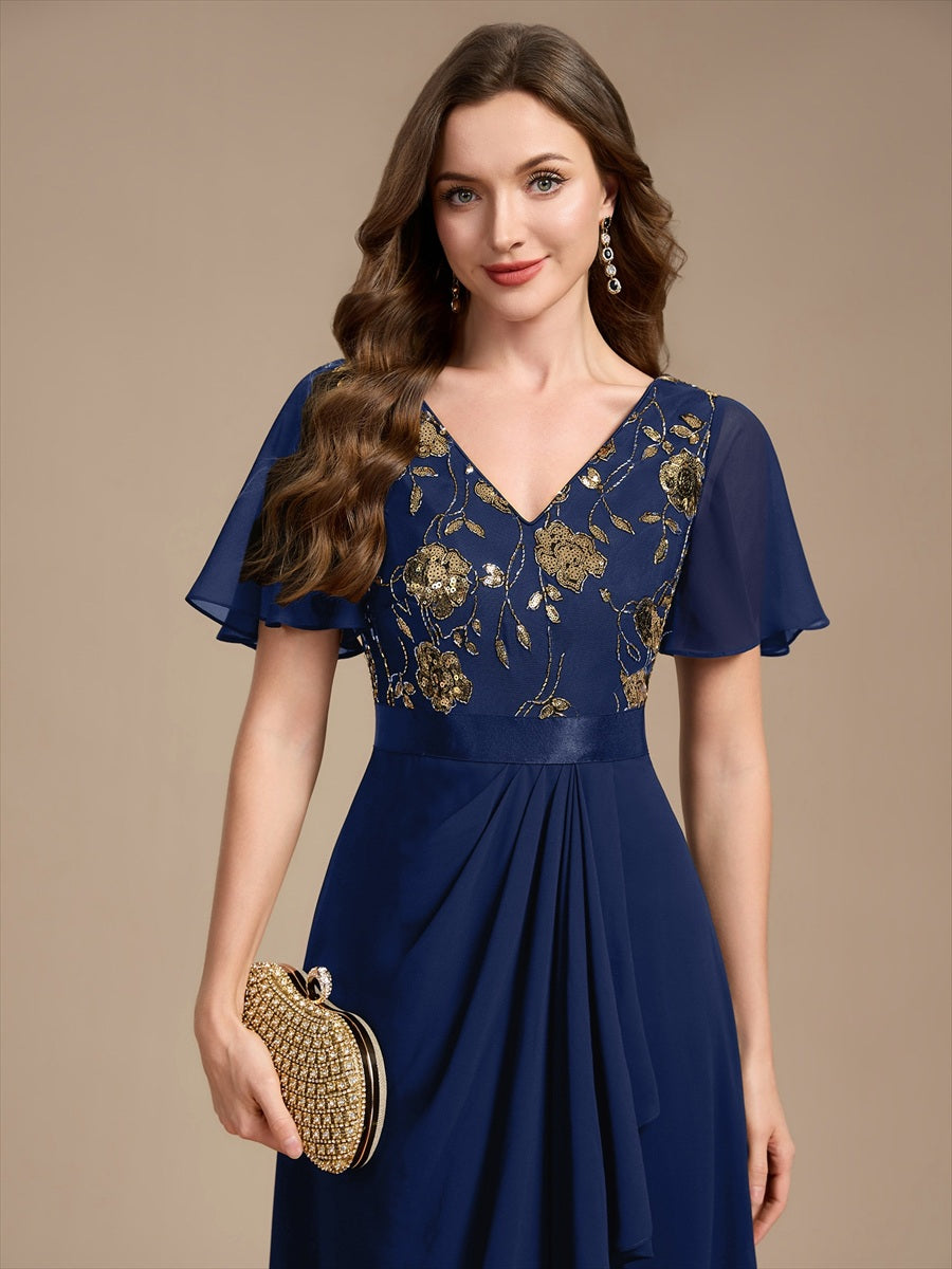 Color=Navy Blue | Sequined Ruffle Sleeve Chiffon Mother of the Bride Dress-Navy Blue 5
