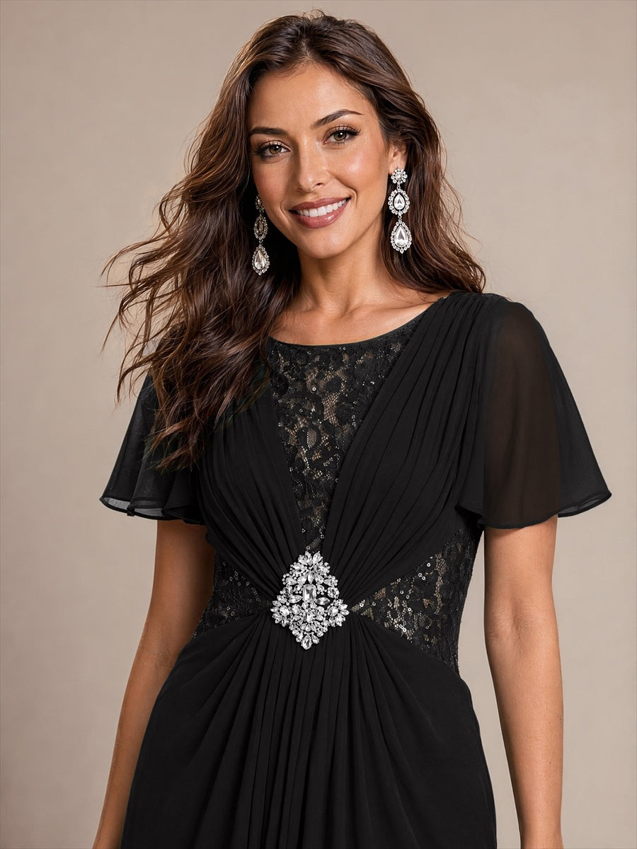 Color=Black | Ruffle Sleeve Lace Chiffon A-Line Maxi Mother of Bride Dress-Black