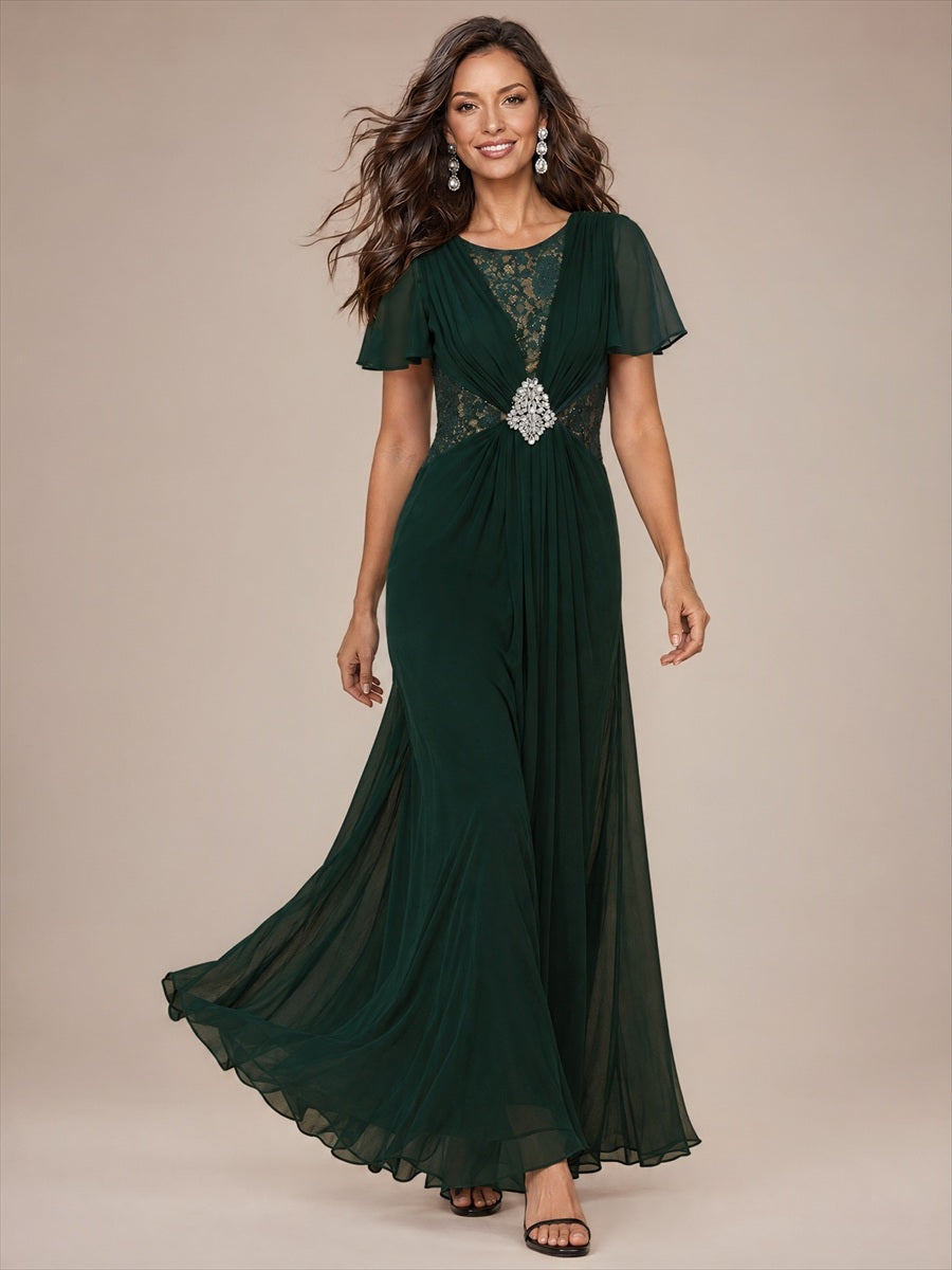 Color=Dark Forest Green | Ruffle Sleeve Lace Chiffon A-Line Maxi Mother of Bride Dress-Dark Forest Green