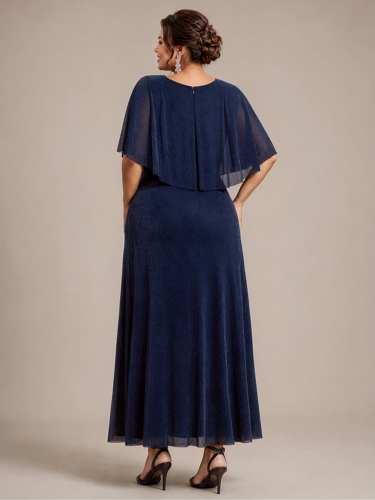 EM02876NB | Cape Sleeve Lurex Mesh A-line Floor Length Mother of the Bride Dress