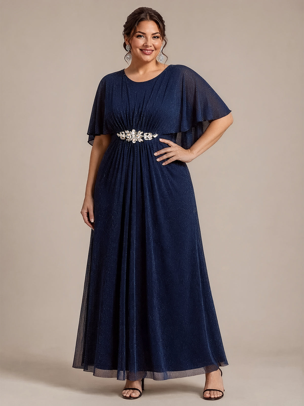 EM02876NB | Cape Sleeve Lurex Mesh A-line Floor Length Mother of the Bride Dress