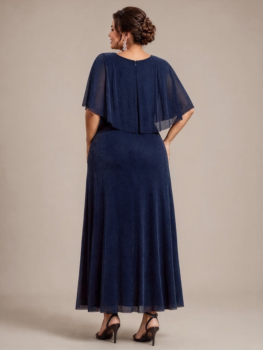 EM02876NB | Cape Sleeve Lurex Mesh A-line Floor Length Mother of the Bride Dress