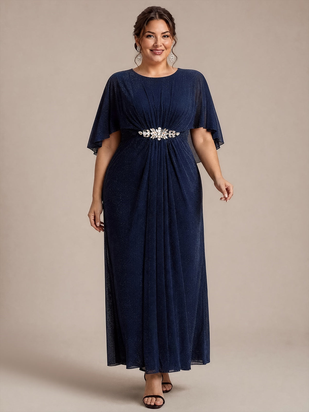EM02876NB | Cape Sleeve Lurex Mesh A-line Floor Length Mother of the Bride Dress