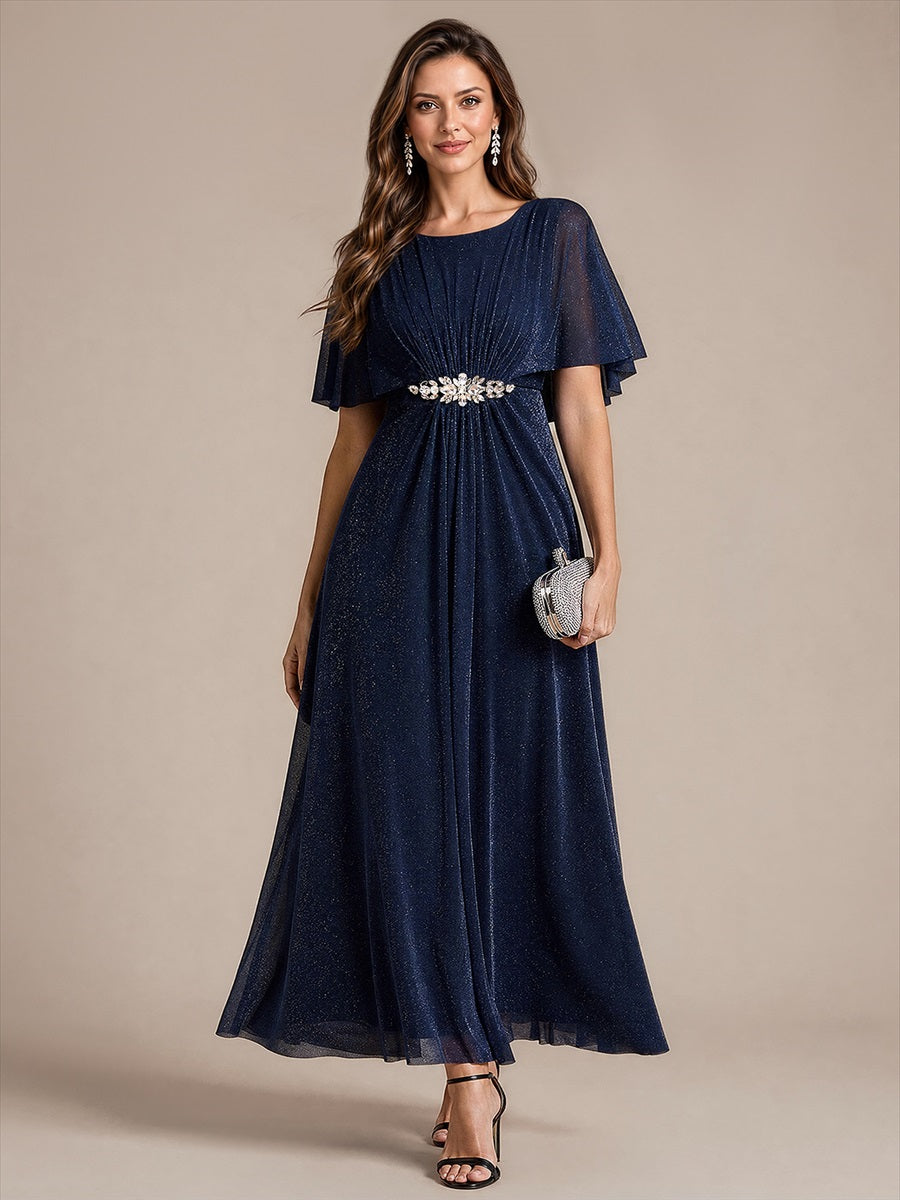 EM02876NB | Cape Sleeve Lurex Mesh A-line Floor Length Mother of the Bride Dress