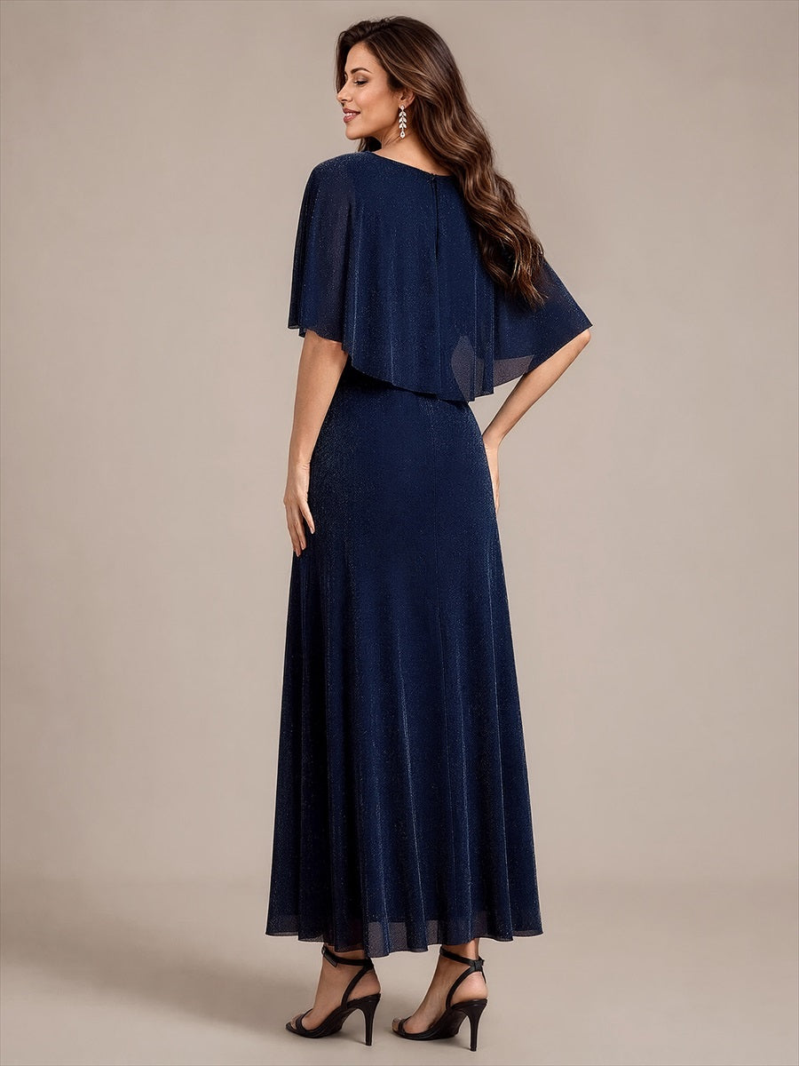EM02876NB | Cape Sleeve Lurex Mesh A-line Floor Length Mother of the Bride Dress