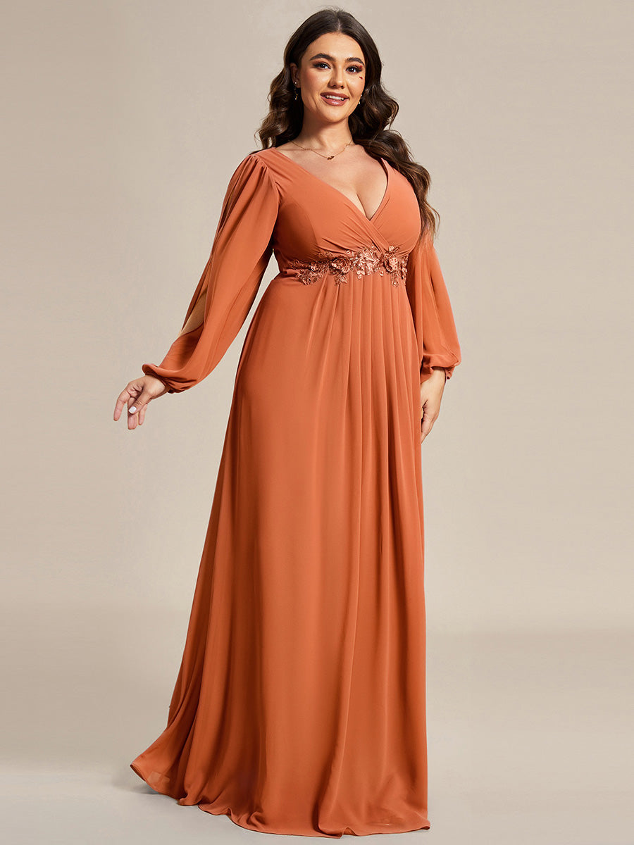 Color=Brandied Melon | B2B-Exclusive Long Sleeve Deep V-Neck A-Line Floor Length Dress with Appliques Dresses-Brandied Melon 9