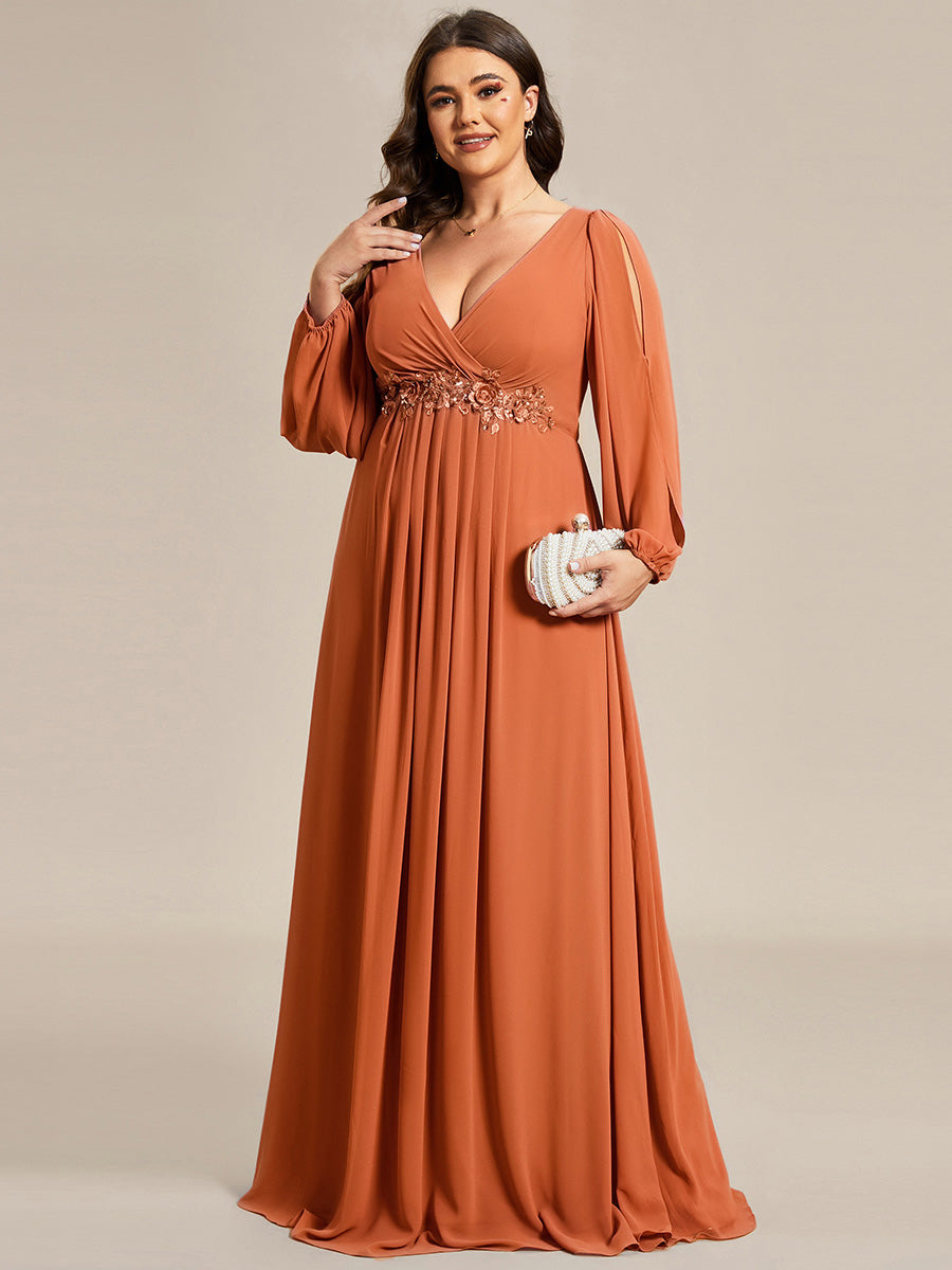 Color=Brandied Melon | B2B-Exclusive Long Sleeve Deep V-Neck A-Line Floor Length Dress with Appliques Dresses-Brandied Melon 10