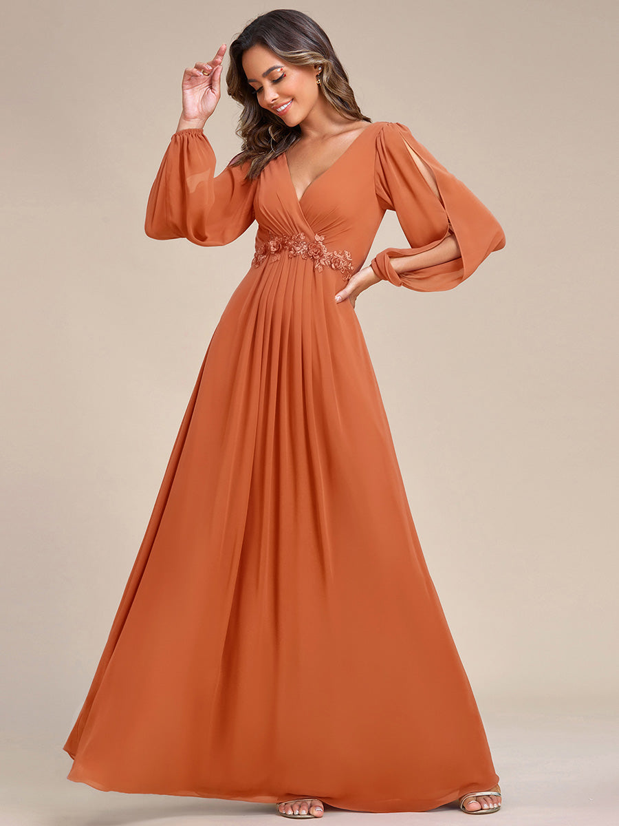 Color=Brandied Melon | B2B-Exclusive Long Sleeve Deep V-Neck A-Line Floor Length Dress with Appliques Dresses-Brandied Melon 4