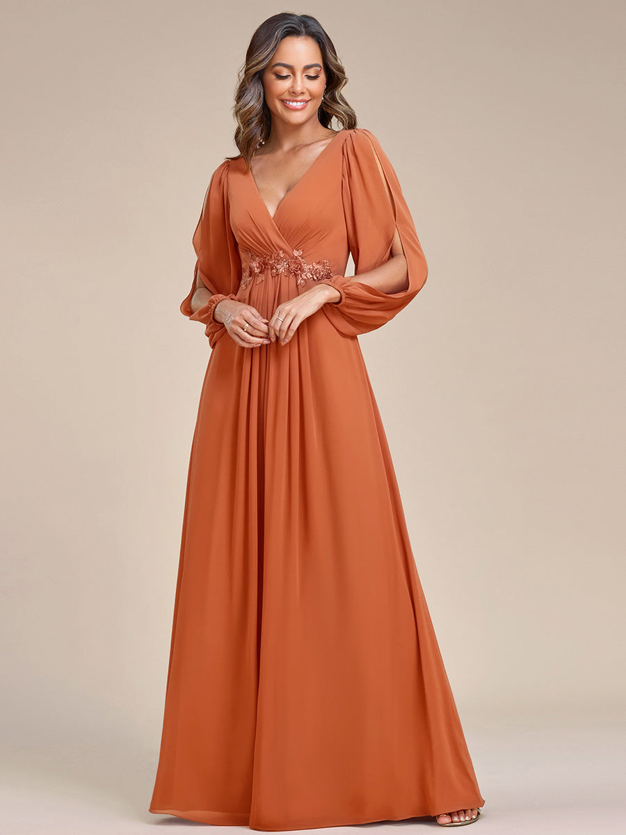 Color=Brandied Melon | B2B-Exclusive Long Sleeve Deep V-Neck A-Line Floor Length Dress with Appliques Dresses-Brandied Melon 5