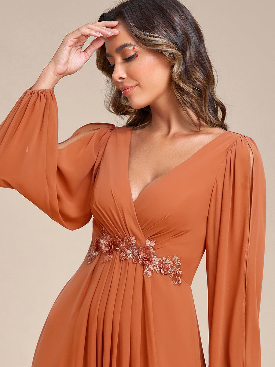 Color=Brandied Melon | B2B-Exclusive Long Sleeve Deep V-Neck A-Line Floor Length Dress with Appliques Dresses-Brandied Melon 3