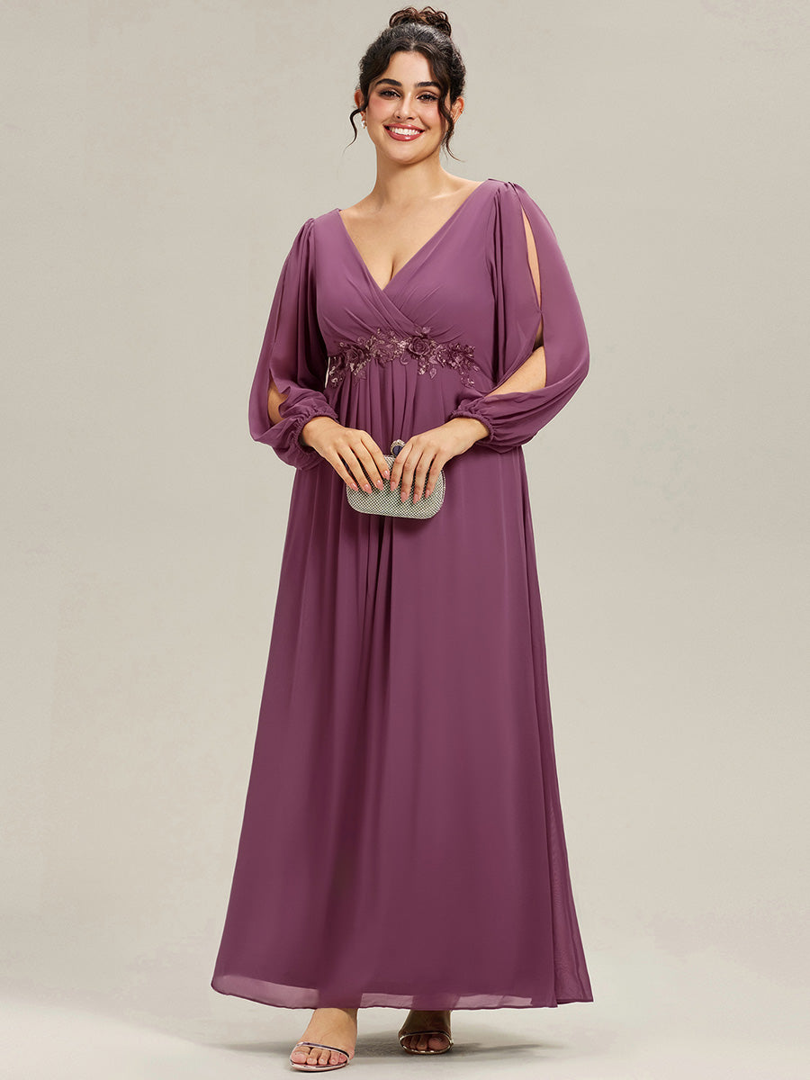 Color=Damson | B2B-Exclusive Long Sleeve Deep V-Neck A-Line Floor Length Dress with Appliques Dresses-Damson 16