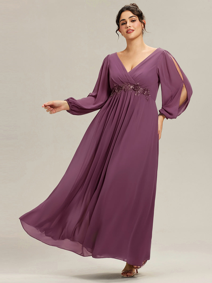Color=Damson | B2B-Exclusive Long Sleeve Deep V-Neck A-Line Floor Length Dress with Appliques Dresses-Damson 20