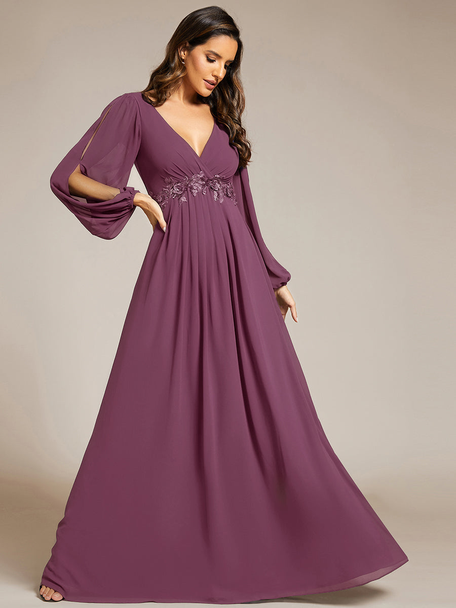 Color=Damson | B2B-Exclusive Long Sleeve Deep V-Neck A-Line Floor Length Dress with Appliques Dresses-Damson 11