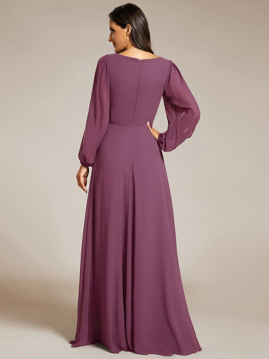 Color=Damson | B2B-Exclusive Long Sleeve Deep V-Neck A-Line Floor Length Dress with Appliques Dresses-Damson 12