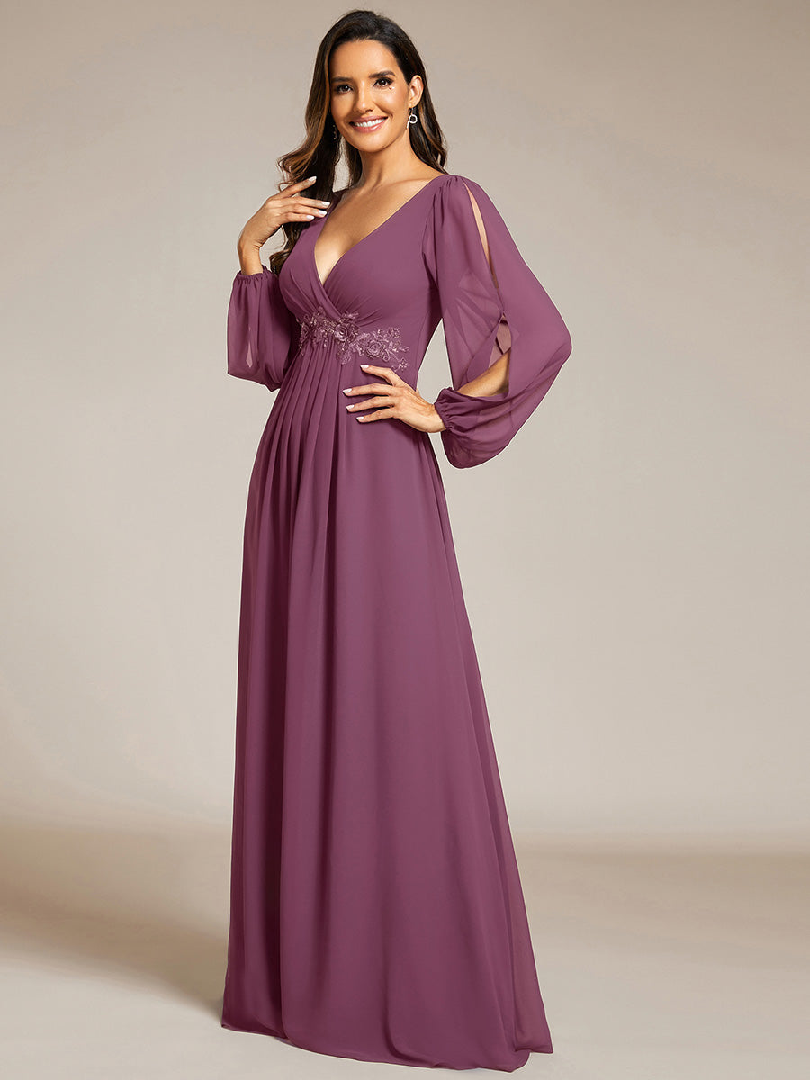 Color=Damson | B2B-Exclusive Long Sleeve Deep V-Neck A-Line Floor Length Dress with Appliques Dresses-Damson 14
