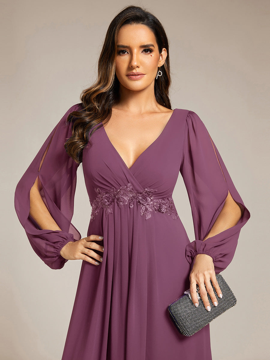 Color=Damson | B2B-Exclusive Long Sleeve Deep V-Neck A-Line Floor Length Dress with Appliques Dresses-Damson 13