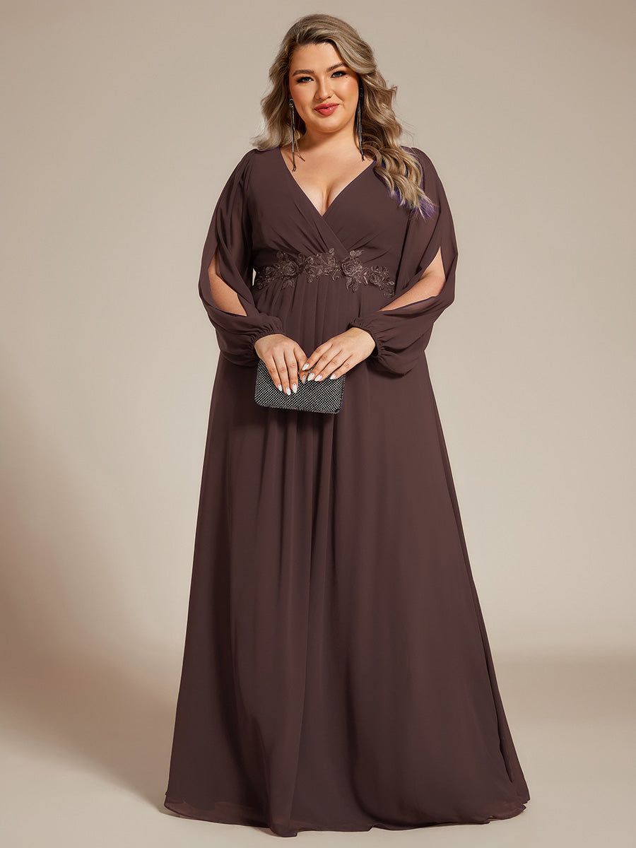 Color=Espresso | Industrial Use Long Sleeve Deep V-Neck A-Line Floor Length Appliques Dresses-Espresso 6