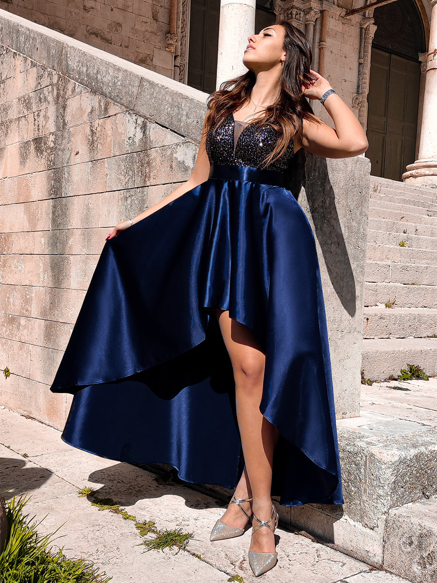 Color=Navy Blue | Sexy Backless Sparkly Prom Dresses For Women With Irregular Hem- Navy Blue 5