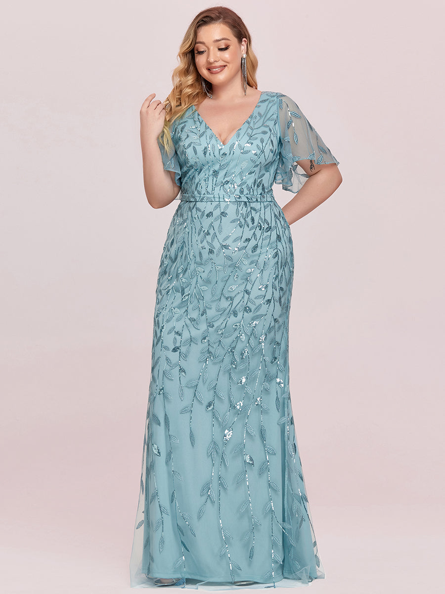 Color=Light teal | Fashion Plus Size V Neck Mermaid Wholesale Sequin & Tulle Dress-Light teal 9