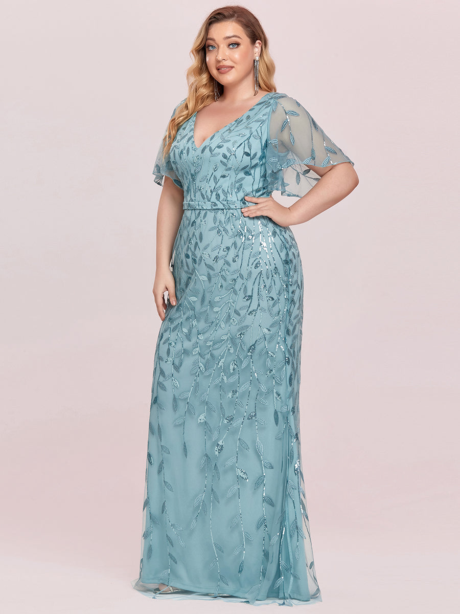 Color=Light teal | Fashion Plus Size V Neck Mermaid Wholesale Sequin & Tulle Dress-Light teal 10