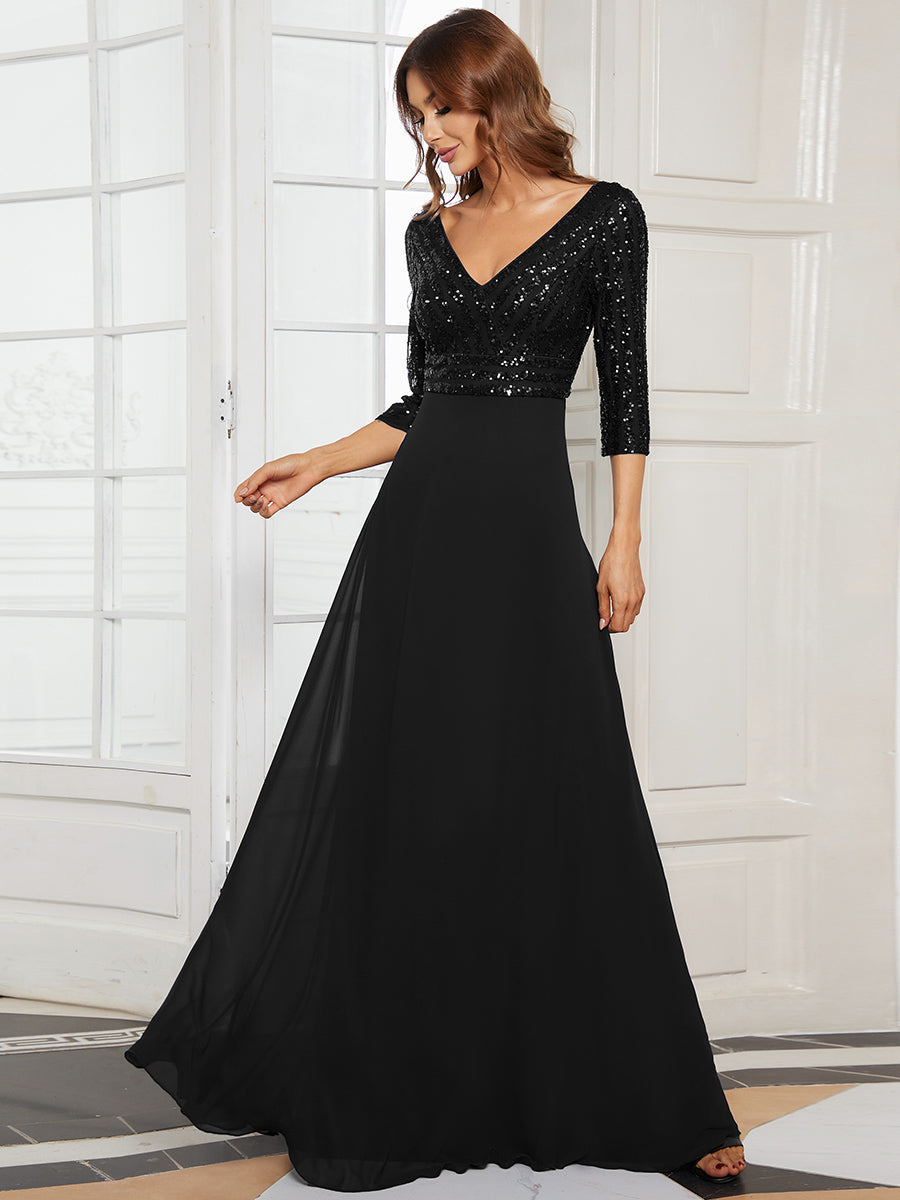 Color=Black | Sexy V Neck A-Line Sequin Evening Dress-Black 1
