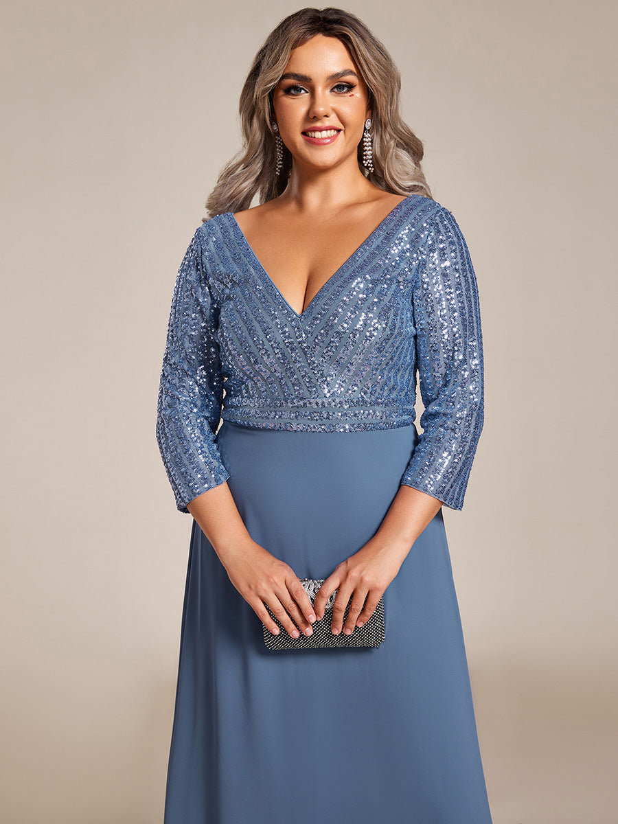 Color=Dusty Navy | Plus Size Sexy V Neck A-Line Sequin Evening Dress Ep00751-Dusty Navy 2