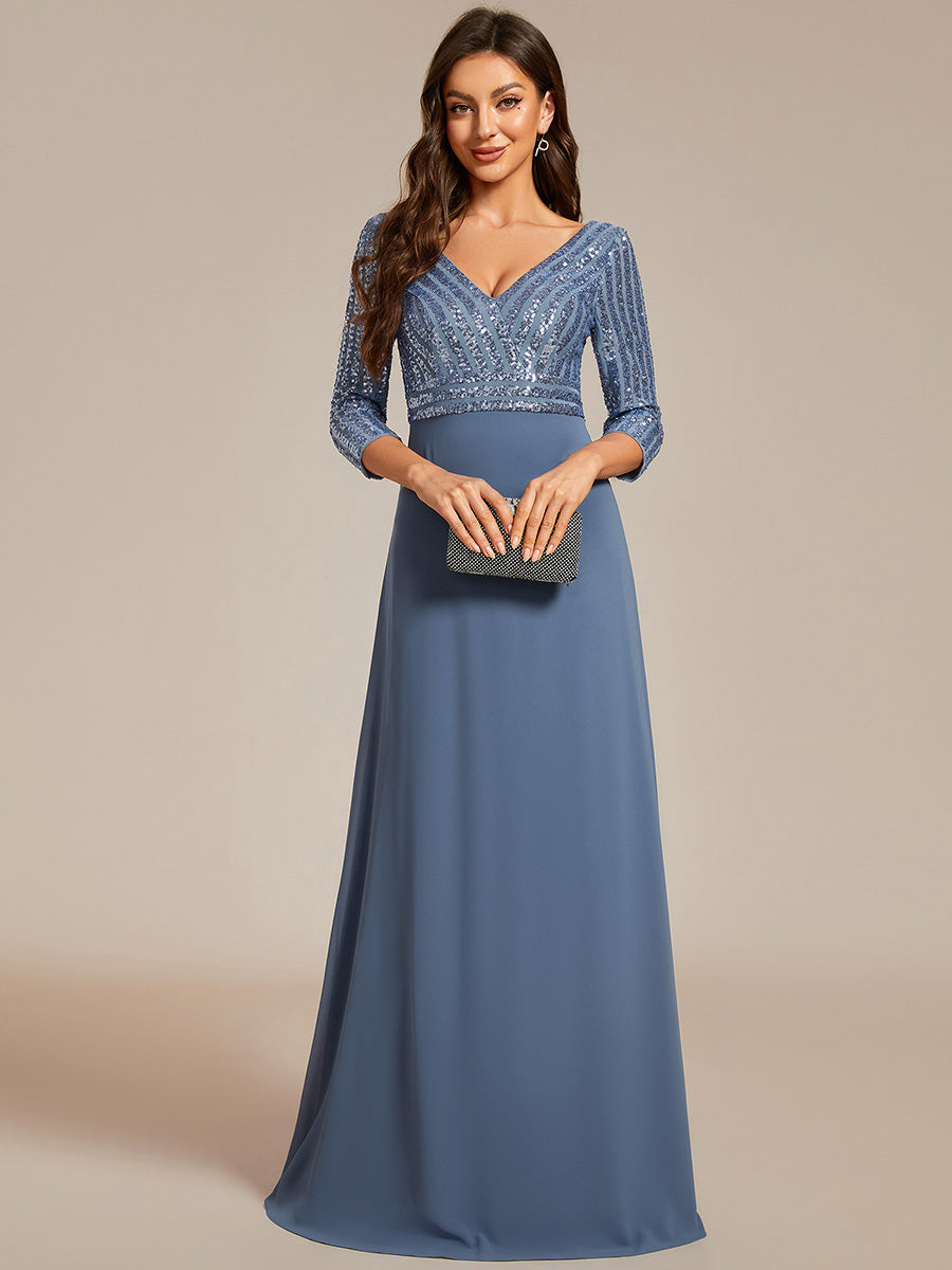 Color=Dusty Blue | Sexy V Neck A-Line Sequin Evening Dress-Dusty Blue 3