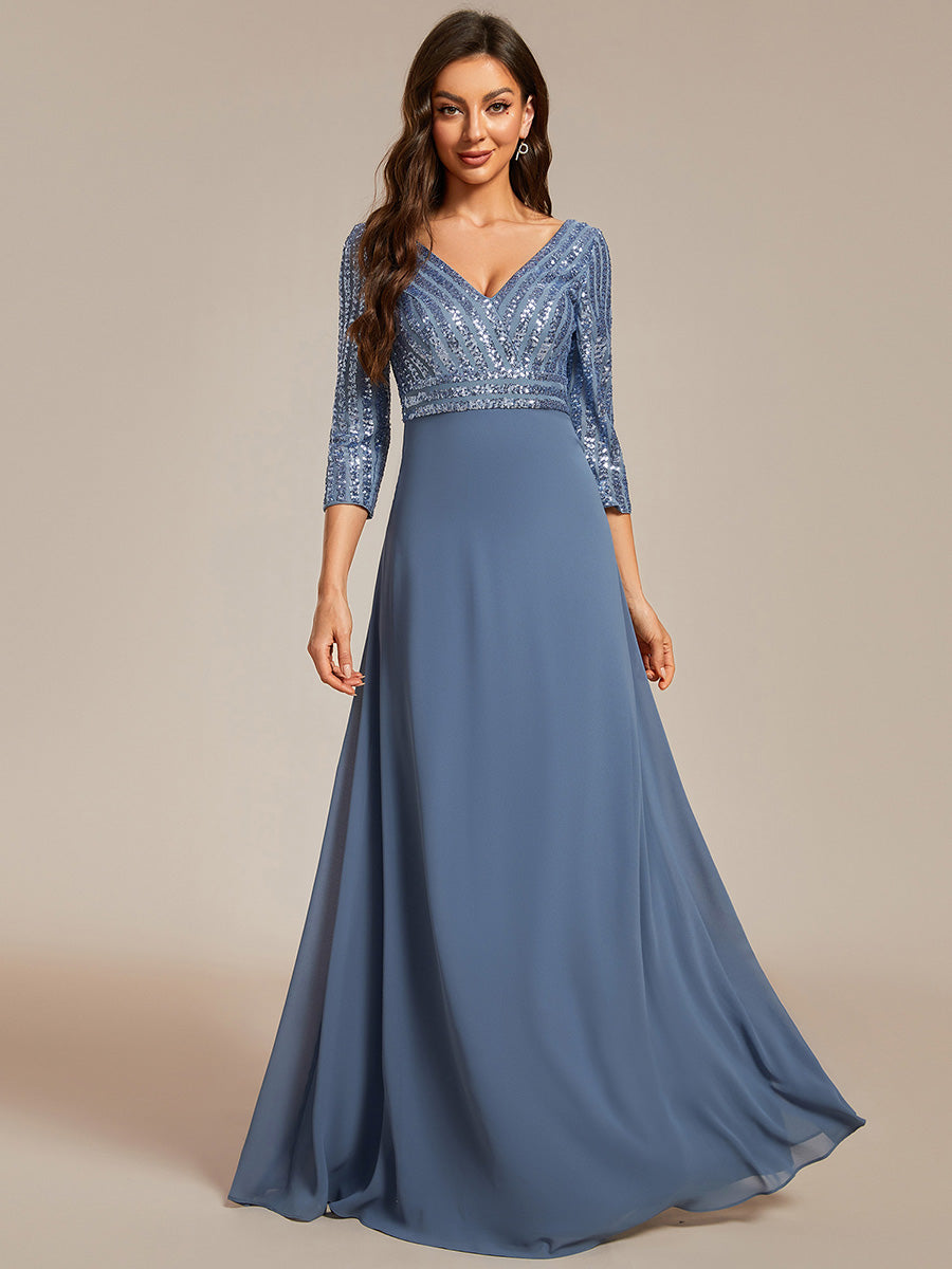 Color=Dusty Blue | Sexy V Neck A-Line Sequin Evening Dress-Dusty Blue 2