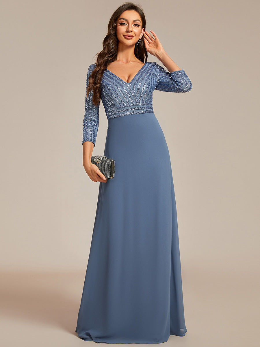 Color=Dusty Navy | Sexy V Neck A-Line Sequin Evening Dress-Dusty Navy 1
