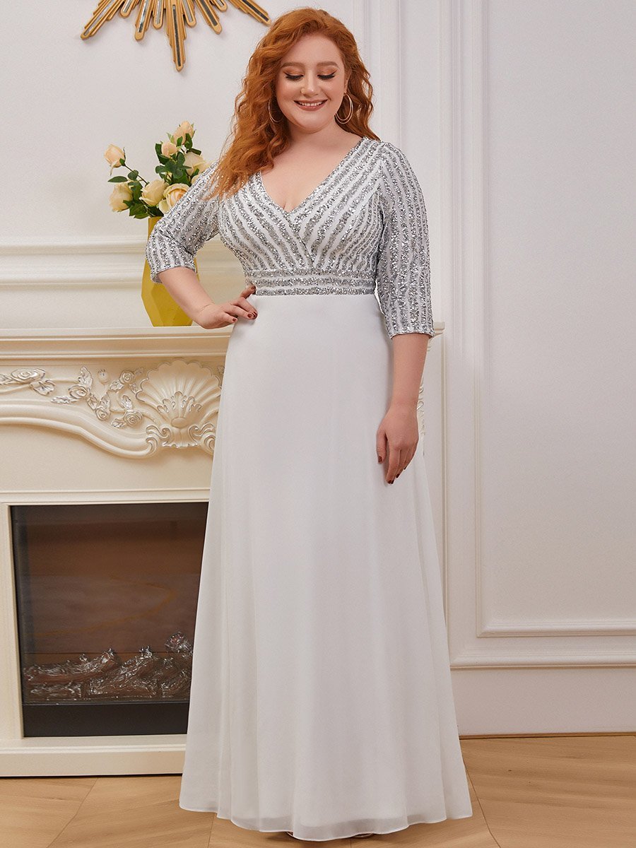 Color=White | Sexy V Neck A-Line Sequin Evening Dress-White 5