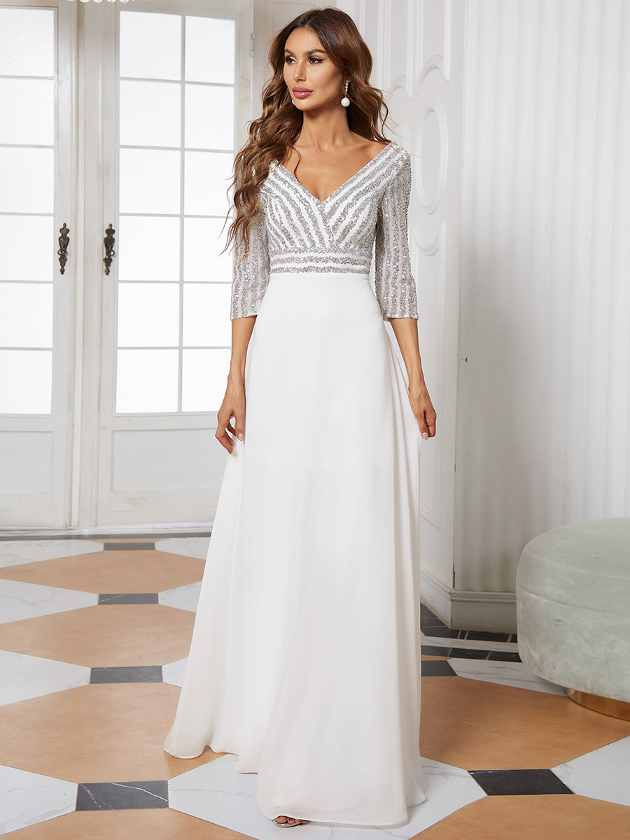 Color=White | Sexy V Neck A-Line Sequin Evening Dress-White 1