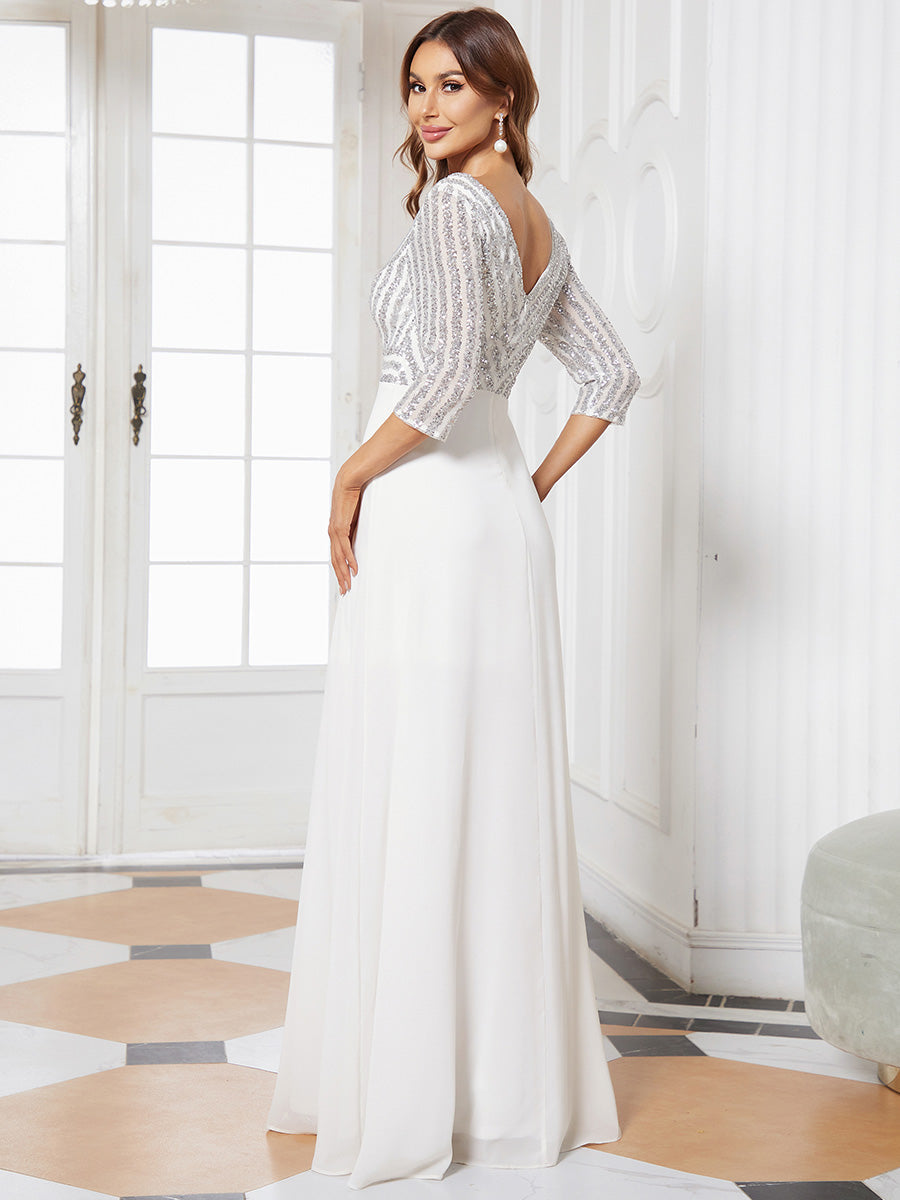 Color=White | Sexy V Neck A-Line Sequin Evening Dress-White 2