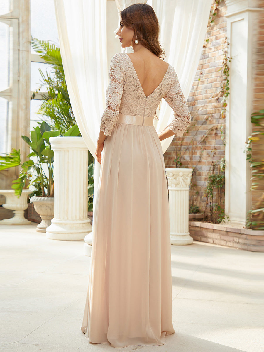COLOR=Blush | See-Through Floor Length Lace Evening Dress With Half Sleeve-Blush 2